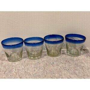 Set of 4 Cobalt Blue Rim Hand-Blown Lowball Glasses